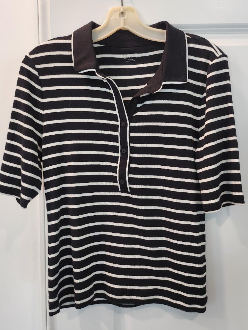 LOFT CLASSIC KNIT POLO PULLOVER BLACK/WHITE STRIPE LARGE